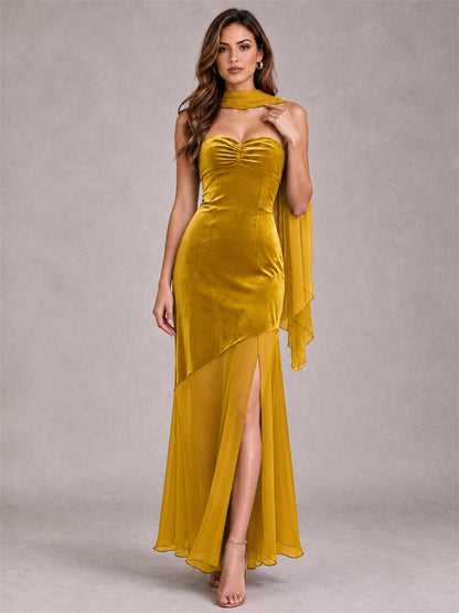 Elegant Strapless Mermaid Velvet Floor-Length Wedding Guest Dress with Scarf and Split Side