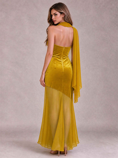 Elegant Strapless Mermaid Velvet Floor-Length Wedding Guest Dress with Scarf and Split Side