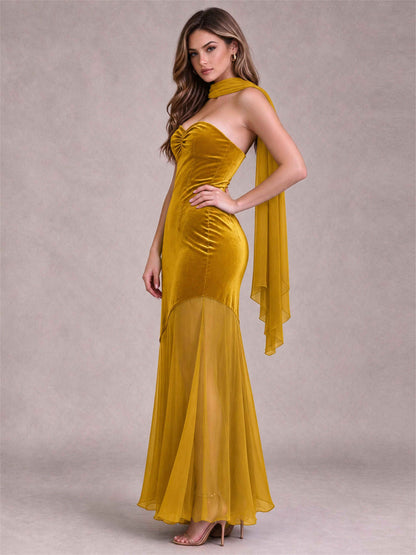 Elegant Strapless Mermaid Velvet Floor-Length Wedding Guest Dress with Scarf and Split Side