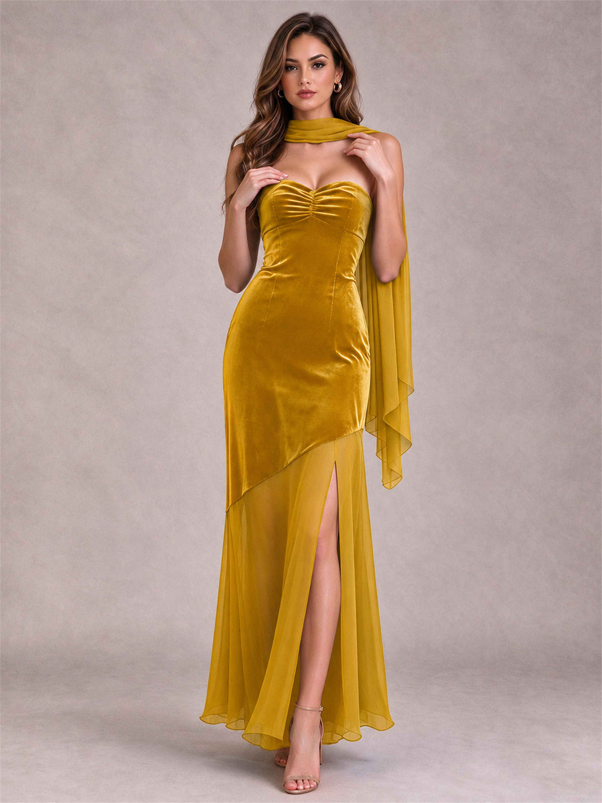 Elegant Strapless Mermaid Velvet Floor-Length Wedding Guest Dress with Scarf and Split Side