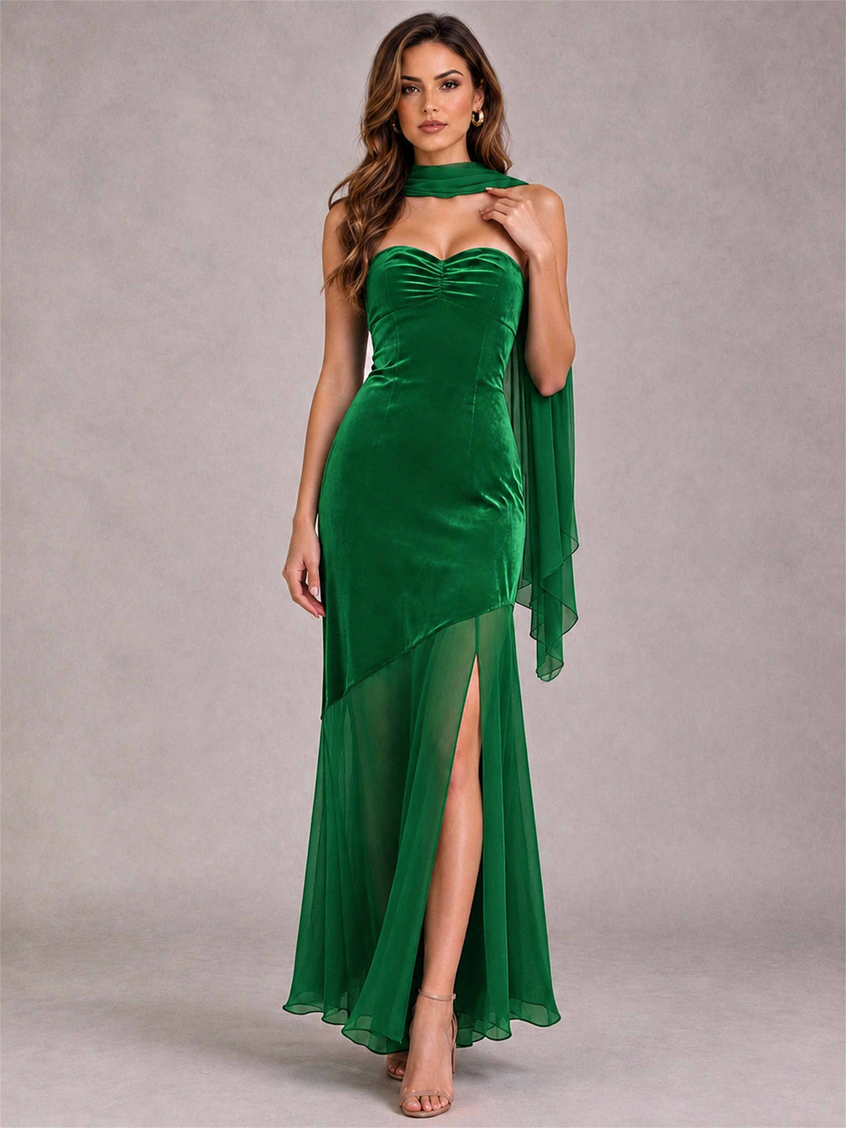 Elegant Strapless Mermaid Velvet Floor-Length Wedding Guest Dress with Scarf and Split Side