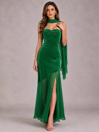 Elegant Strapless Mermaid Velvet Floor-Length Wedding Guest Dress with Scarf and Split Side