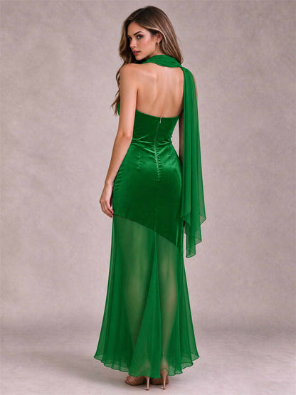 Elegant Strapless Mermaid Velvet Floor-Length Wedding Guest Dress with Scarf and Split Side