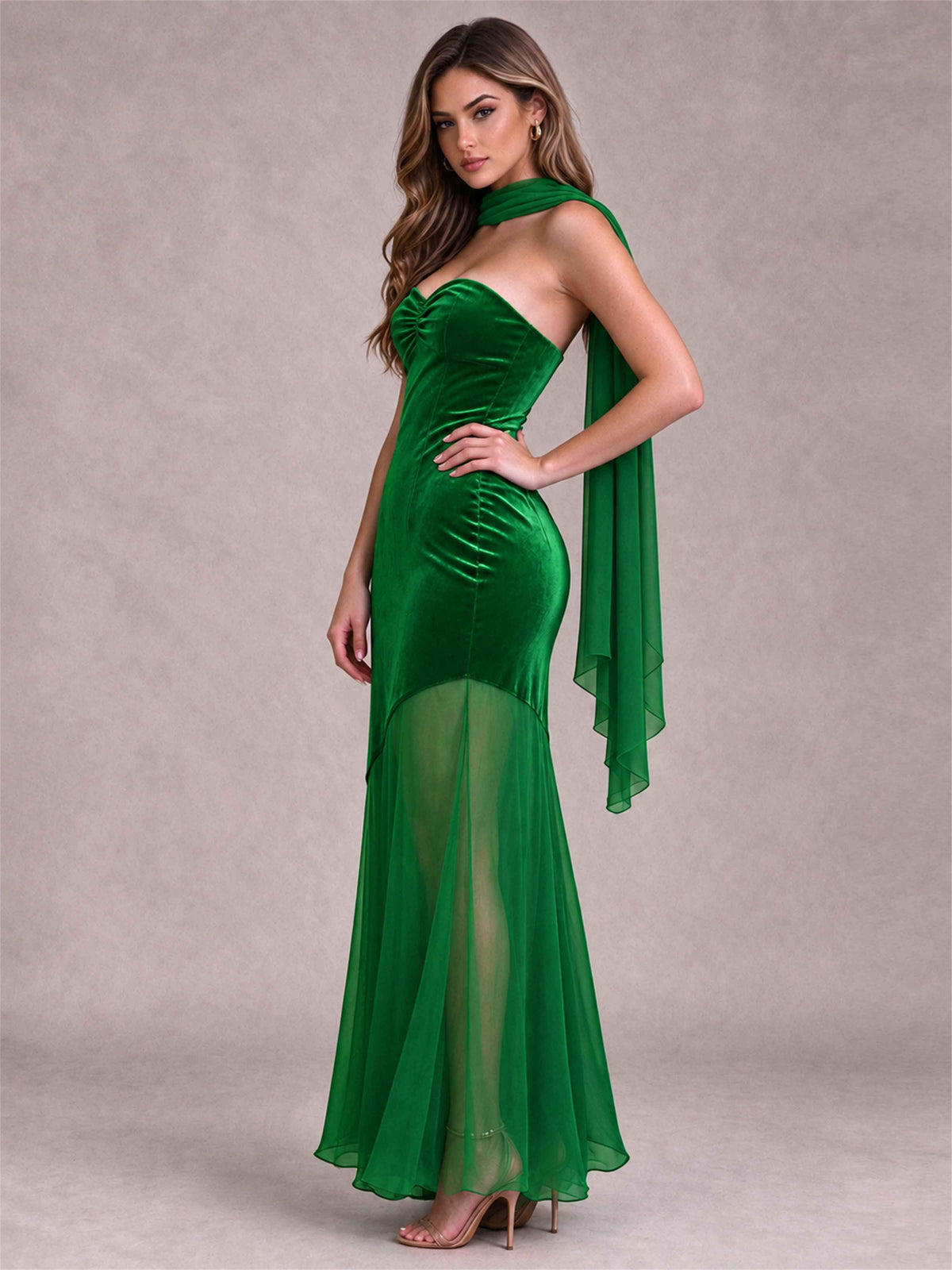 Elegant Strapless Mermaid Velvet Floor-Length Wedding Guest Dress with Scarf and Split Side