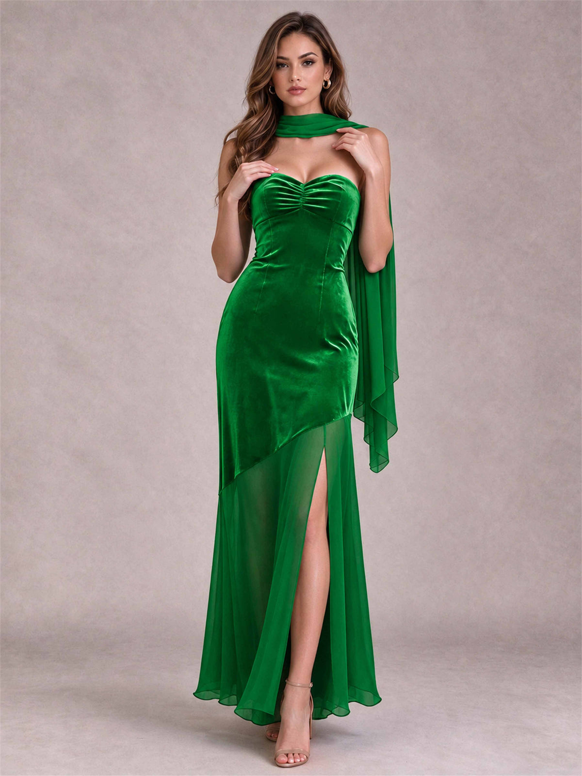Elegant Strapless Mermaid Velvet Floor-Length Wedding Guest Dress with Scarf and Split Side