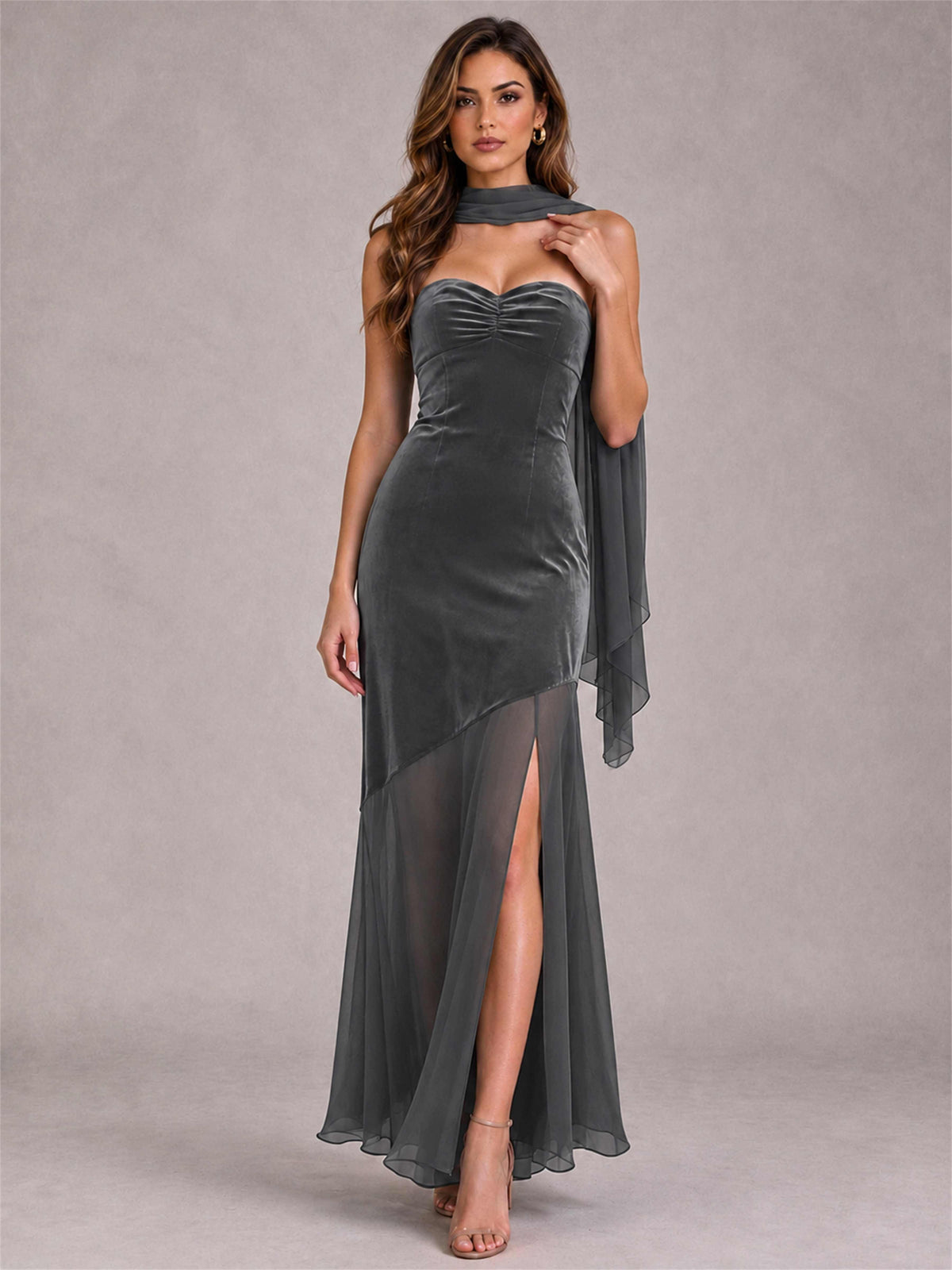 Elegant Strapless Mermaid Velvet Floor-Length Wedding Guest Dress with Scarf and Split Side