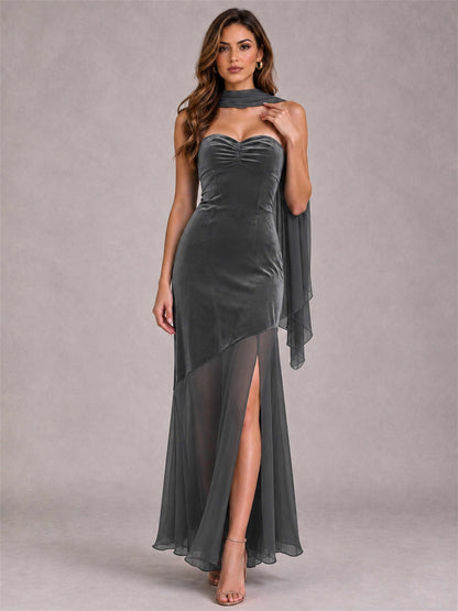Elegant Strapless Mermaid Velvet Floor-Length Wedding Guest Dress with Scarf and Split Side