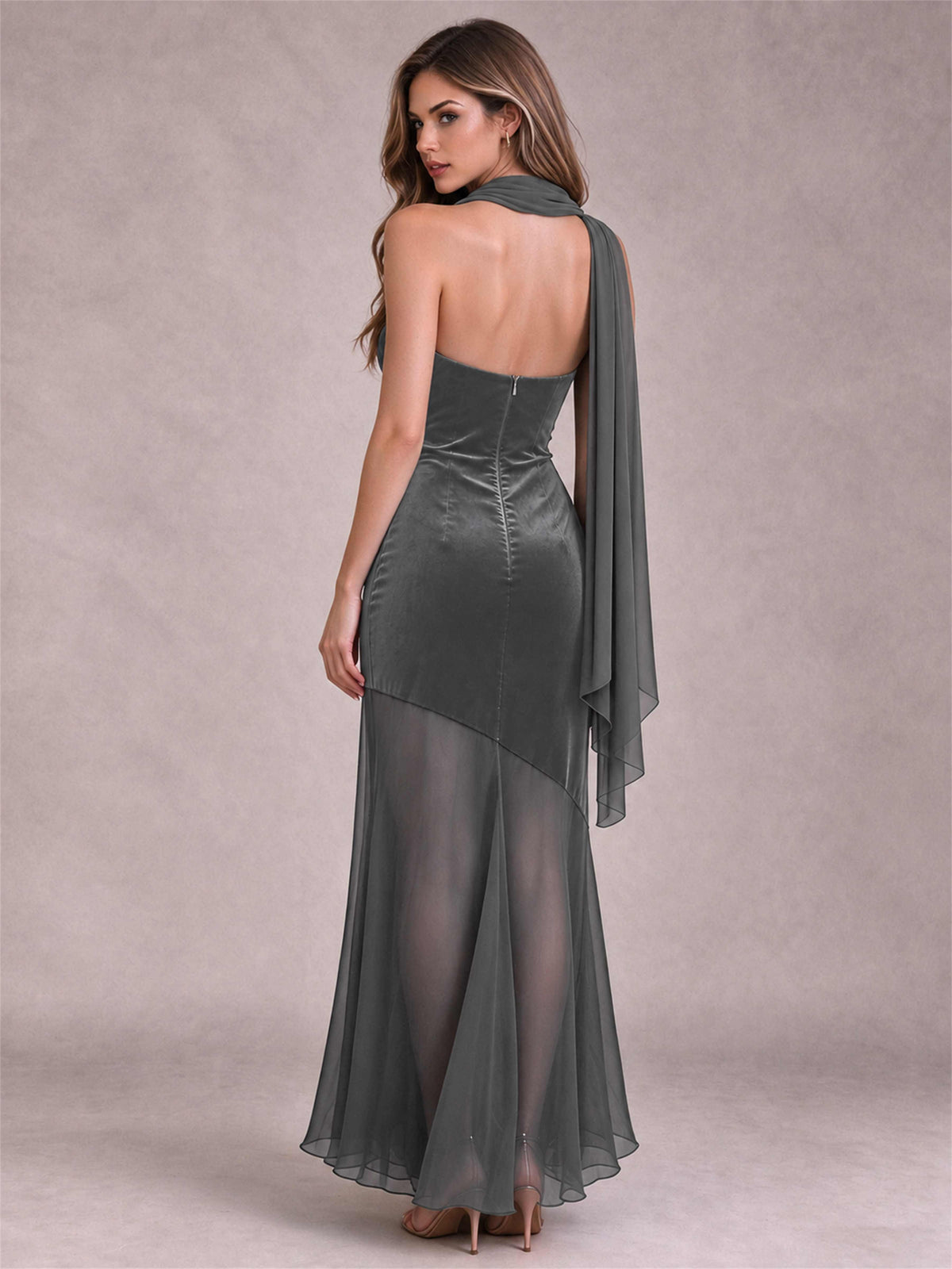 Elegant Strapless Mermaid Velvet Floor-Length Wedding Guest Dress with Scarf and Split Side