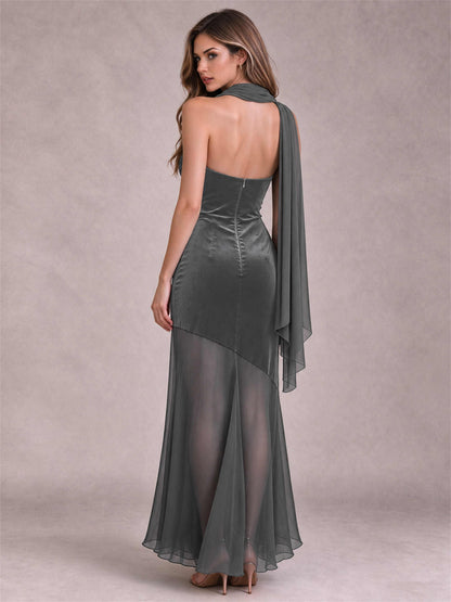 Elegant Strapless Mermaid Velvet Floor-Length Wedding Guest Dress with Scarf and Split Side