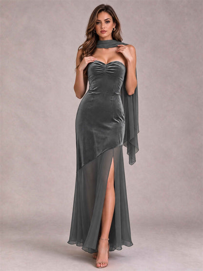 Elegant Strapless Mermaid Velvet Floor-Length Wedding Guest Dress with Scarf and Split Side