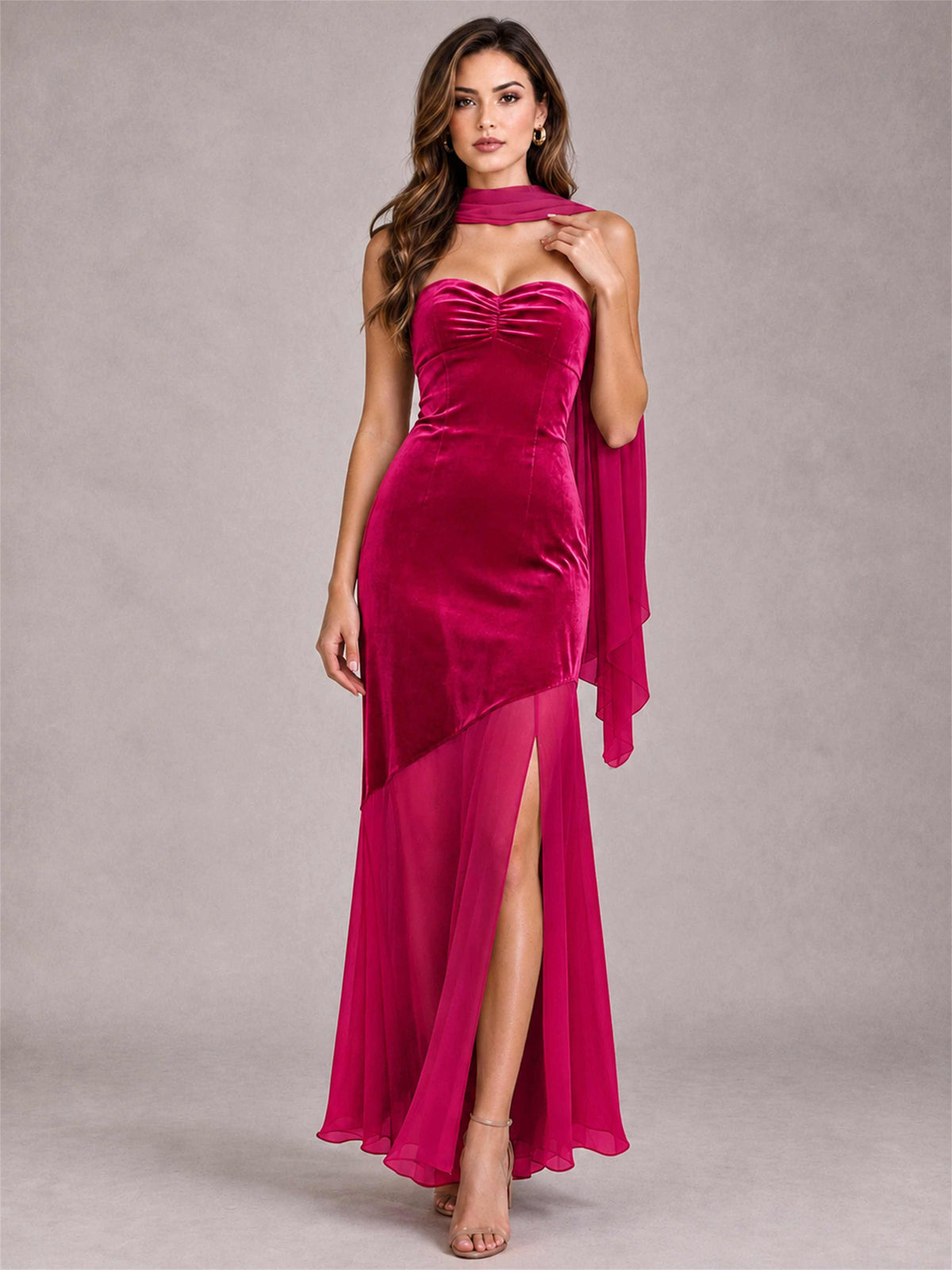 Elegant Strapless Mermaid Velvet Floor-Length Wedding Guest Dress with Scarf and Split Side