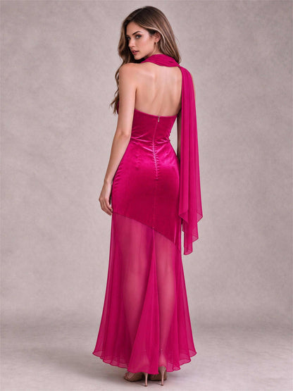 Elegant Strapless Mermaid Velvet Floor-Length Wedding Guest Dress with Scarf and Split Side
