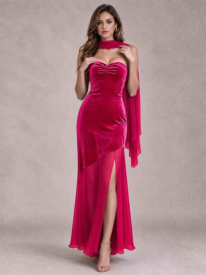 Elegant Strapless Mermaid Velvet Floor-Length Wedding Guest Dress with Scarf and Split Side