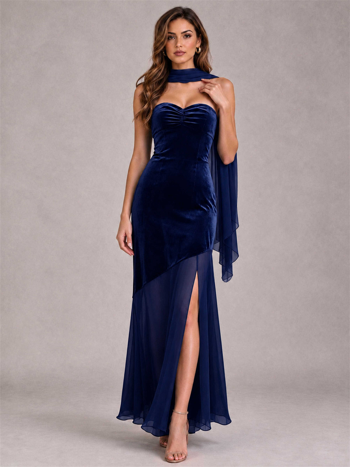 Elegant Strapless Mermaid Velvet Floor-Length Wedding Guest Dress with Scarf and Split Side