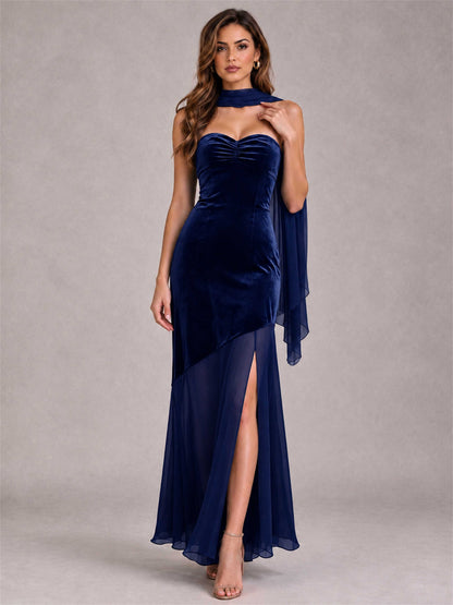 Elegant Strapless Mermaid Velvet Floor-Length Wedding Guest Dress with Scarf and Split Side
