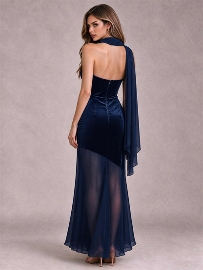 Elegant Strapless Mermaid Velvet Floor-Length Wedding Guest Dress with Scarf and Split Side