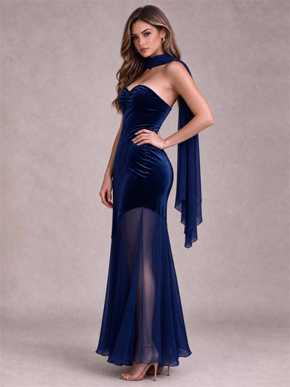Elegant Strapless Mermaid Velvet Floor-Length Wedding Guest Dress with Scarf and Split Side