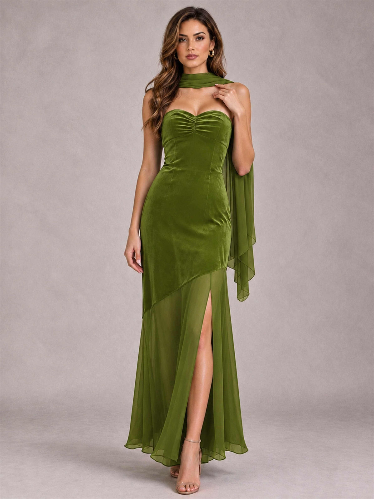 Elegant Strapless Mermaid Velvet Floor-Length Wedding Guest Dress with Scarf and Split Side