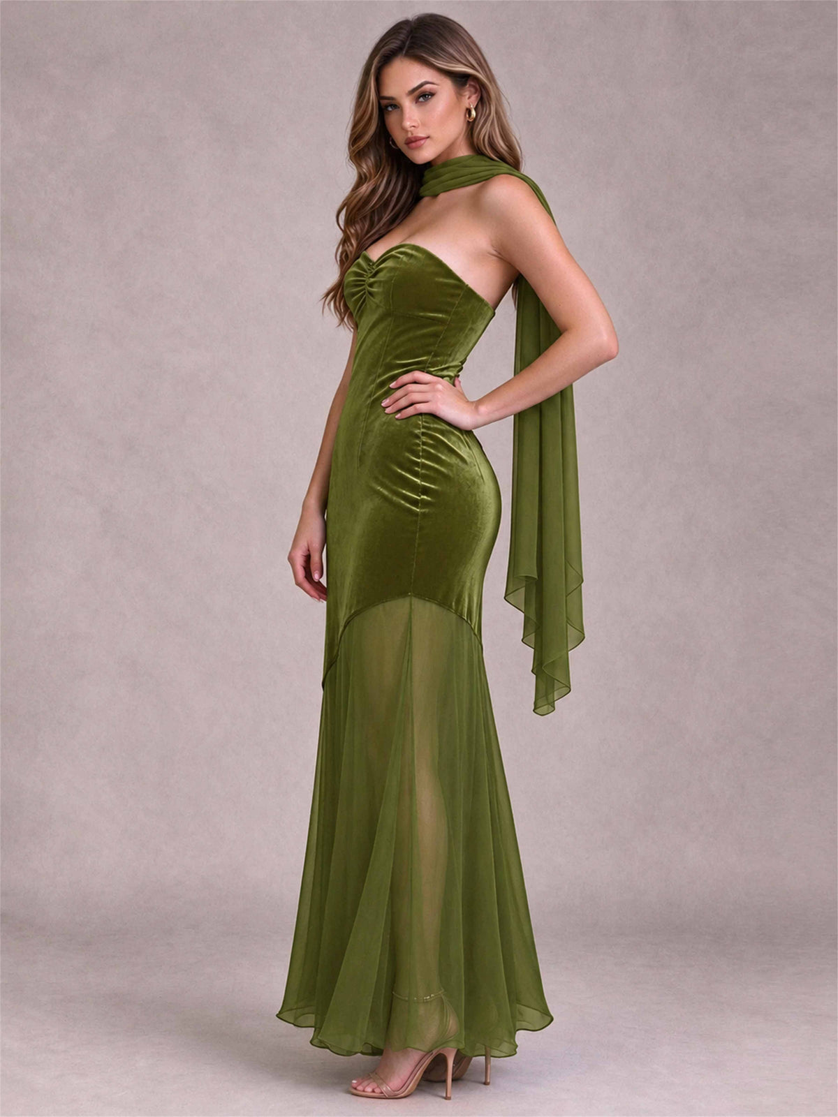 Elegant Strapless Mermaid Velvet Floor-Length Wedding Guest Dress with Scarf and Split Side