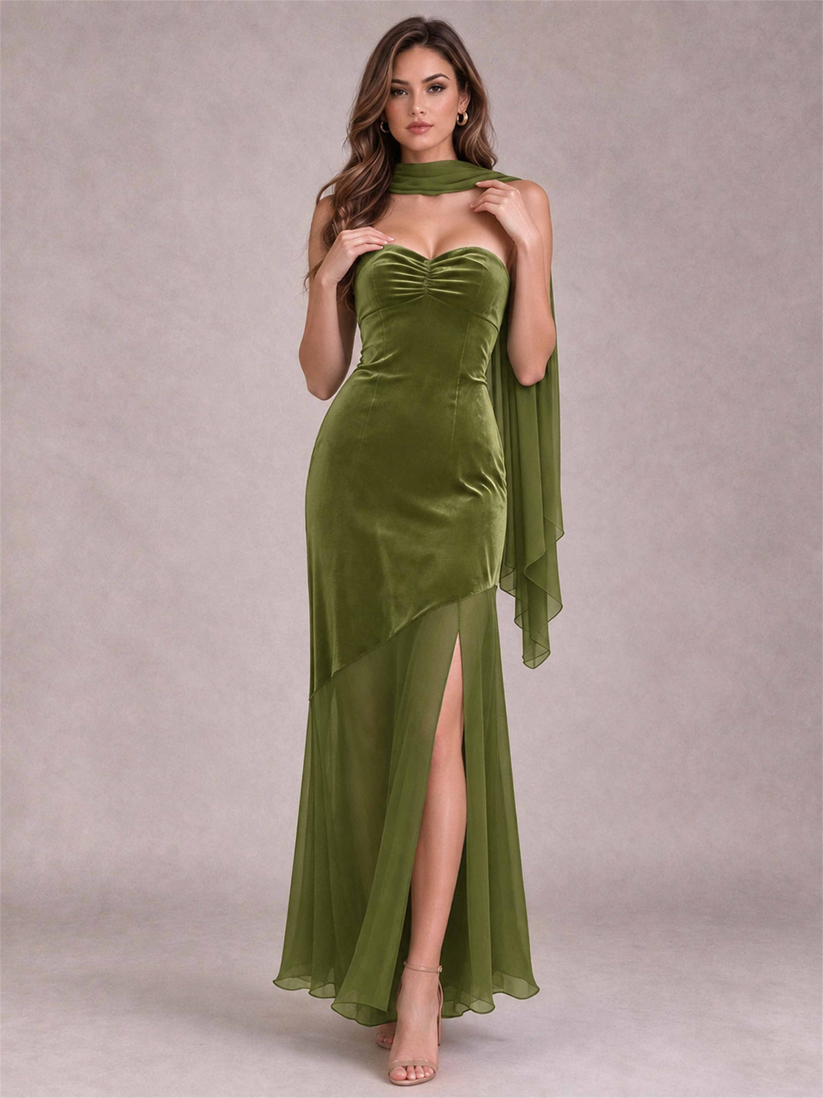 Elegant Strapless Mermaid Velvet Floor-Length Wedding Guest Dress with Scarf and Split Side