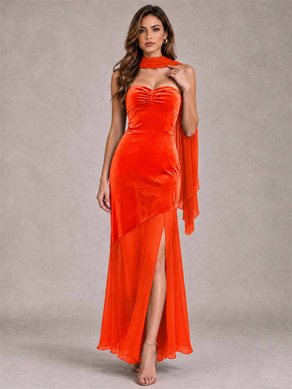 Elegant Strapless Mermaid Velvet Floor-Length Wedding Guest Dress with Scarf and Split Side
