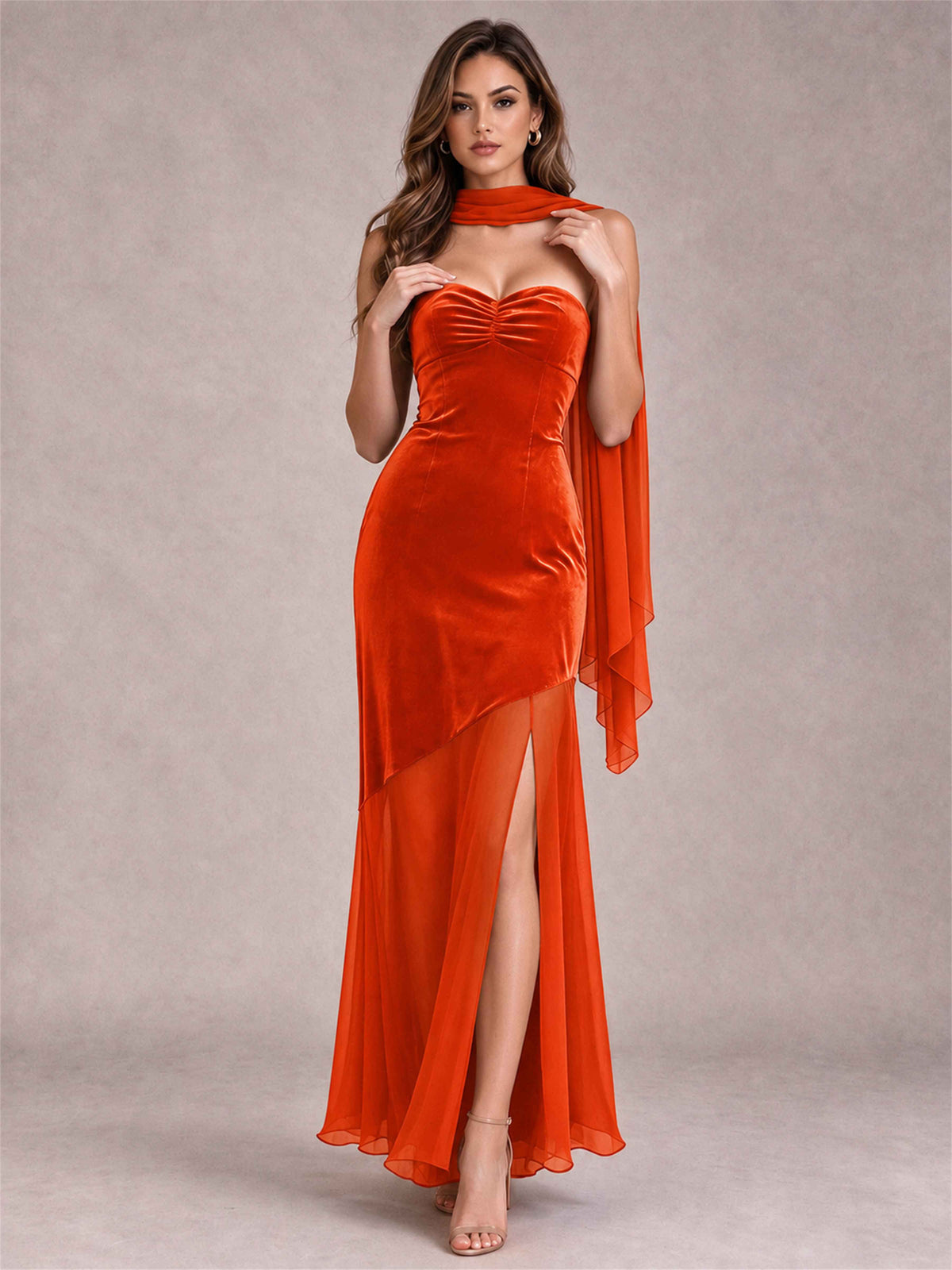 Elegant Strapless Mermaid Velvet Floor-Length Wedding Guest Dress with Scarf and Split Side