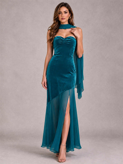 Elegant Strapless Mermaid Velvet Floor-Length Wedding Guest Dress with Scarf and Split Side