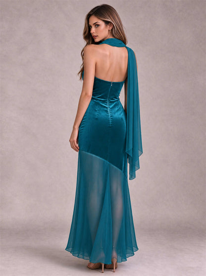 Elegant Strapless Mermaid Velvet Floor-Length Wedding Guest Dress with Scarf and Split Side