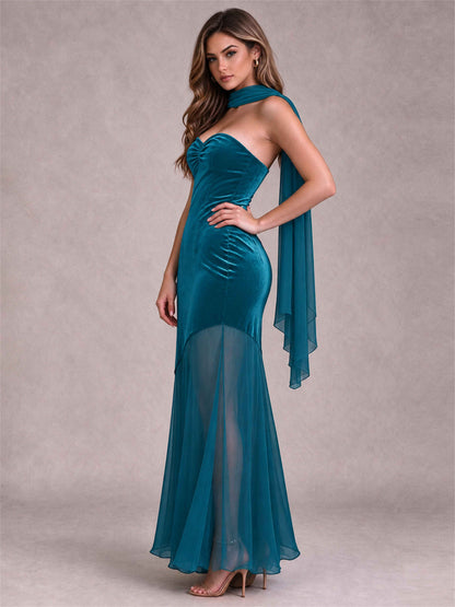 Elegant Strapless Mermaid Velvet Floor-Length Wedding Guest Dress with Scarf and Split Side