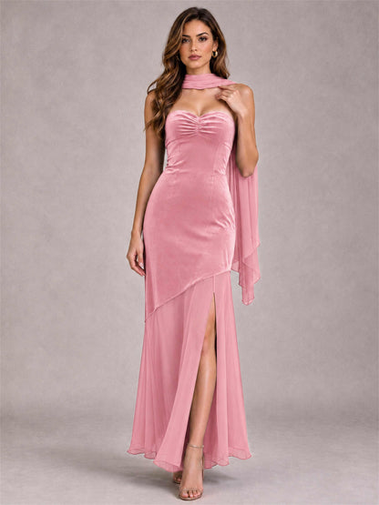 Elegant Strapless Mermaid Velvet Floor-Length Wedding Guest Dress with Scarf and Split Side