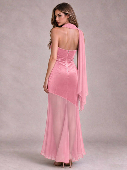 Elegant Strapless Mermaid Velvet Floor-Length Wedding Guest Dress with Scarf and Split Side