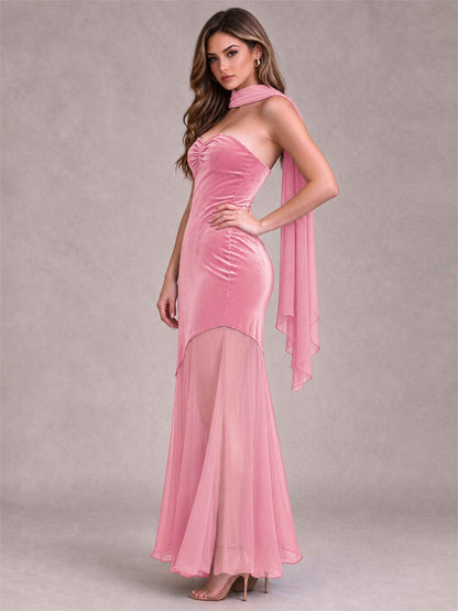 Elegant Strapless Mermaid Velvet Floor-Length Wedding Guest Dress with Scarf and Split Side