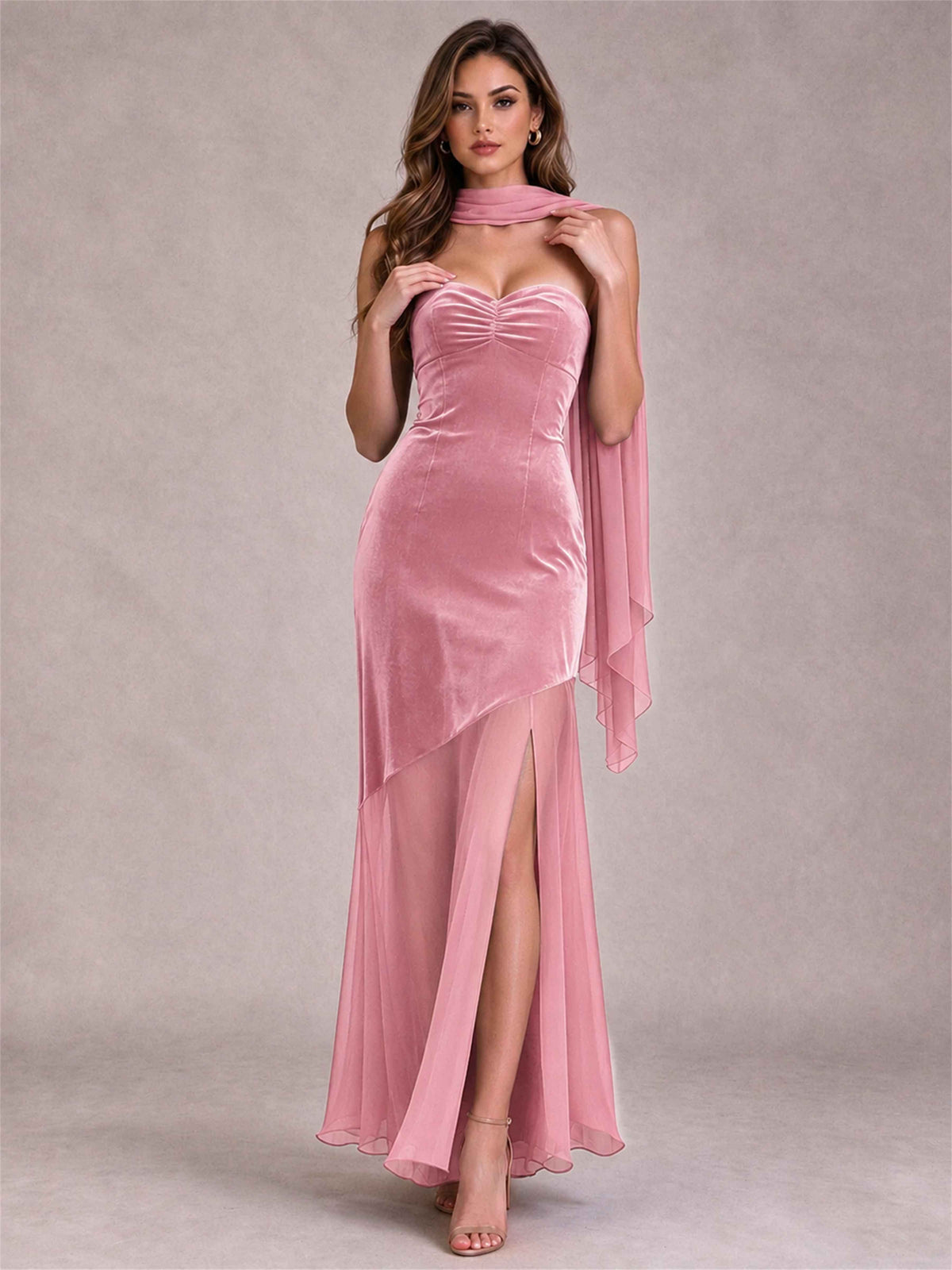Elegant Strapless Mermaid Velvet Floor-Length Wedding Guest Dress with Scarf and Split Side