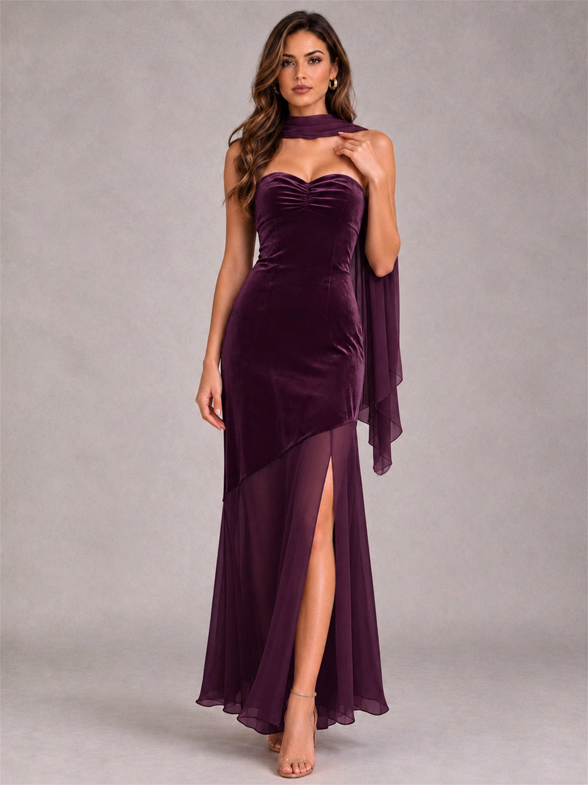 Elegant Strapless Mermaid Velvet Floor-Length Wedding Guest Dress with Scarf and Split Side