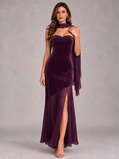 Elegant Strapless Mermaid Velvet Floor-Length Wedding Guest Dress with Scarf and Split Side