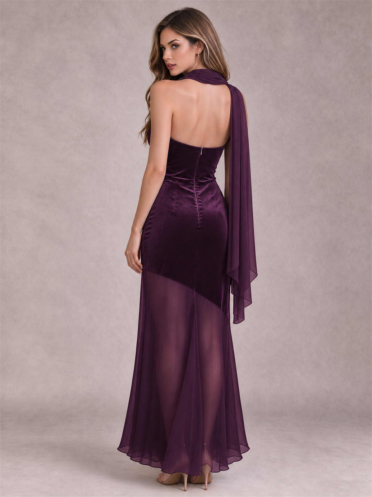 Elegant Strapless Mermaid Velvet Floor-Length Wedding Guest Dress with Scarf and Split Side
