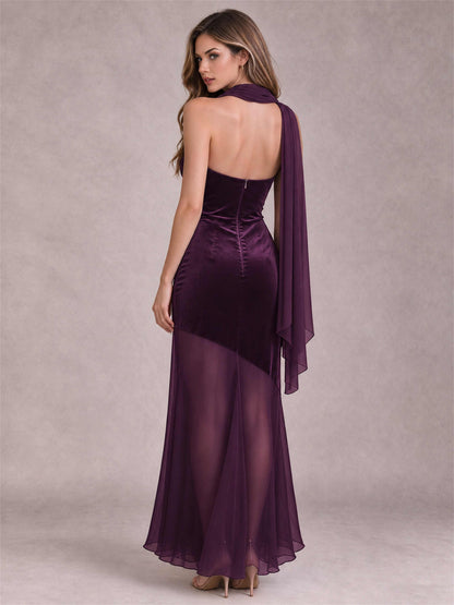 Elegant Strapless Mermaid Velvet Floor-Length Wedding Guest Dress with Scarf and Split Side