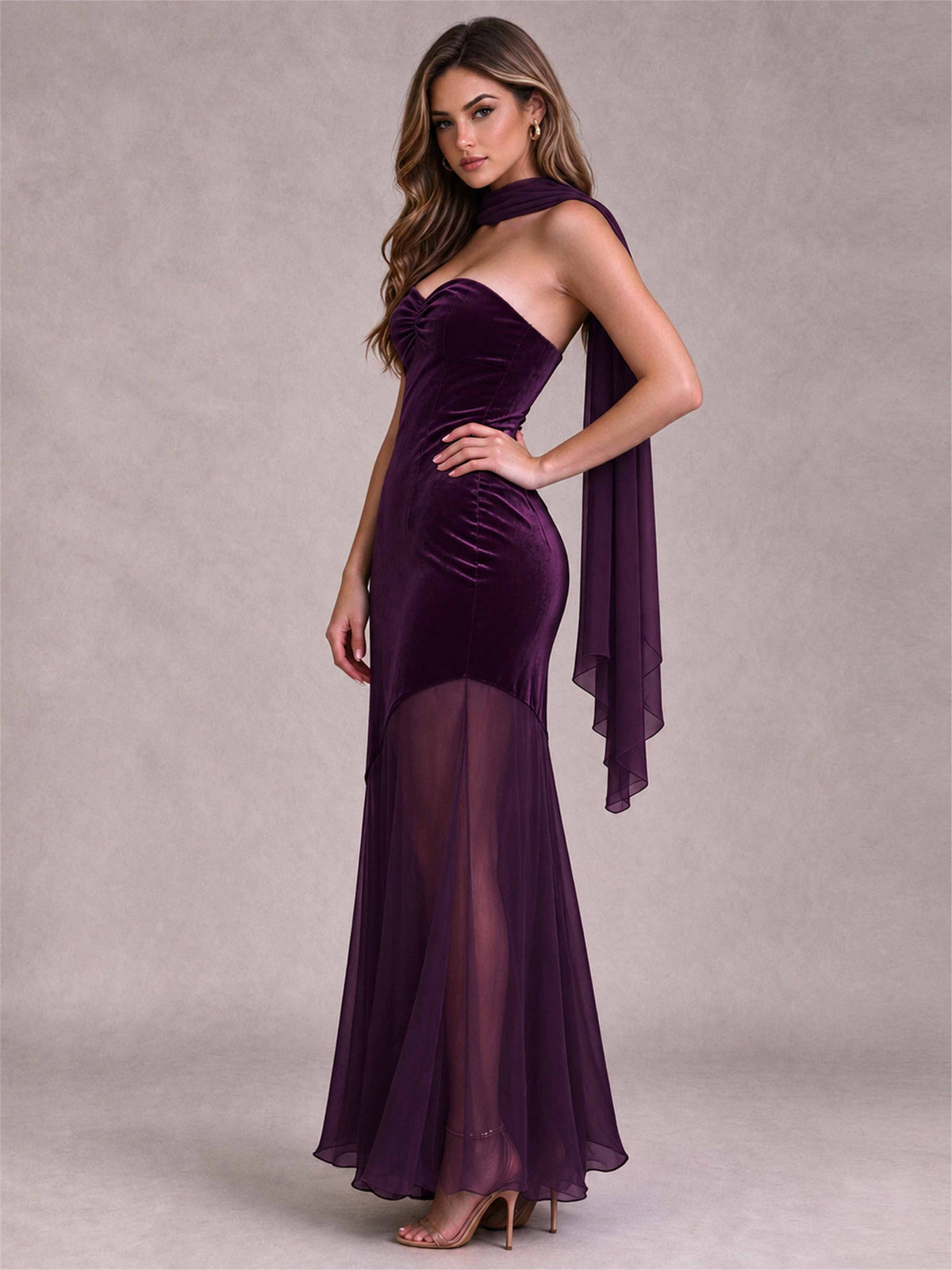 Elegant Strapless Mermaid Velvet Floor-Length Wedding Guest Dress with Scarf and Split Side