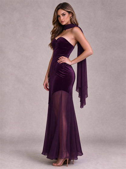Elegant Strapless Mermaid Velvet Floor-Length Wedding Guest Dress with Scarf and Split Side