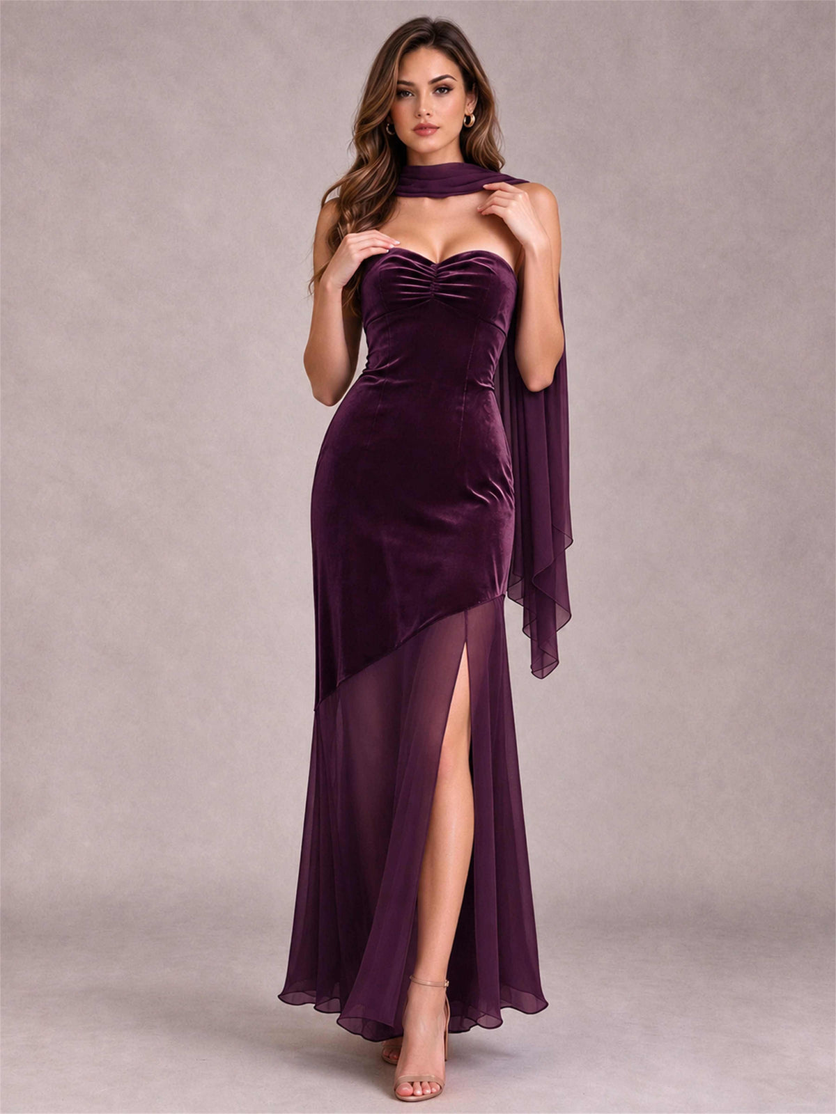 Elegant Strapless Mermaid Velvet Floor-Length Wedding Guest Dress with Scarf and Split Side
