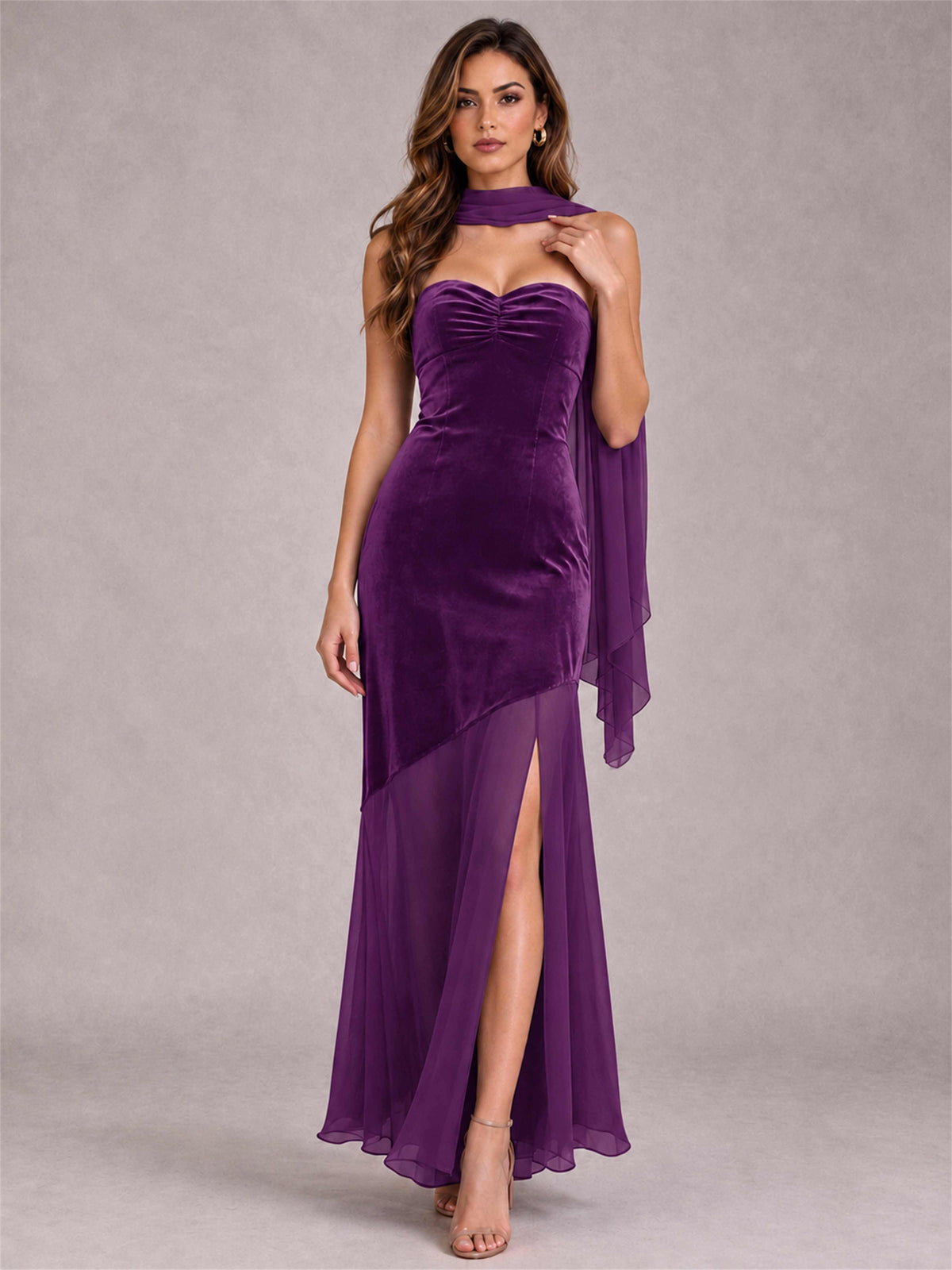 Elegant Strapless Mermaid Velvet Floor-Length Wedding Guest Dress with Scarf and Split Side