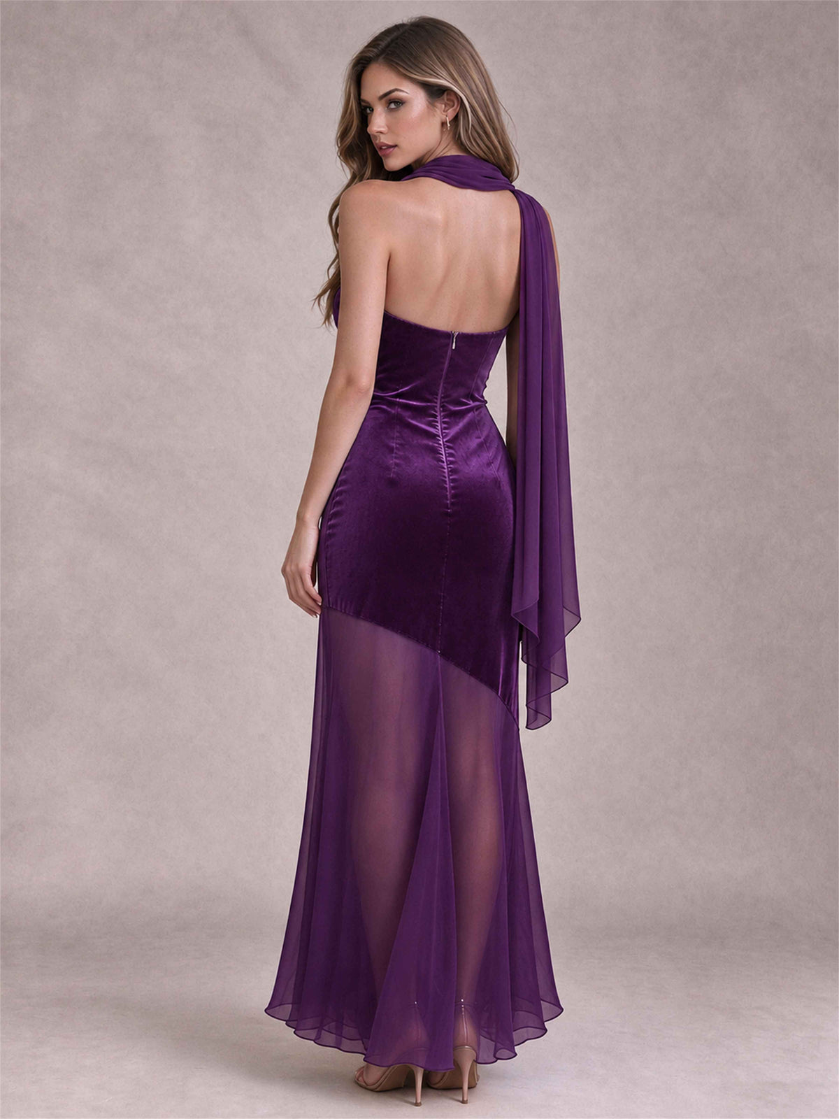 Elegant Strapless Mermaid Velvet Floor-Length Wedding Guest Dress with Scarf and Split Side