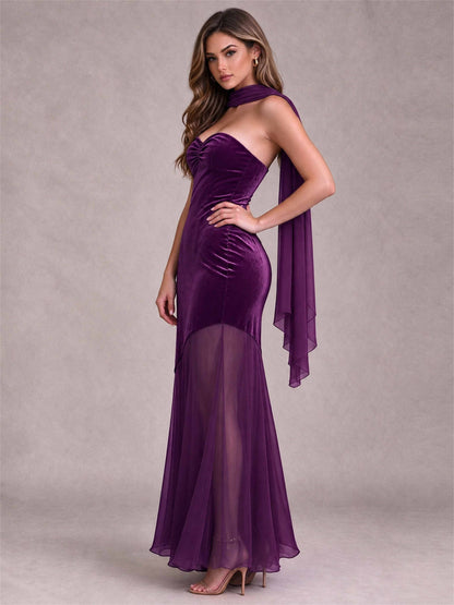 Elegant Strapless Mermaid Velvet Floor-Length Wedding Guest Dress with Scarf and Split Side