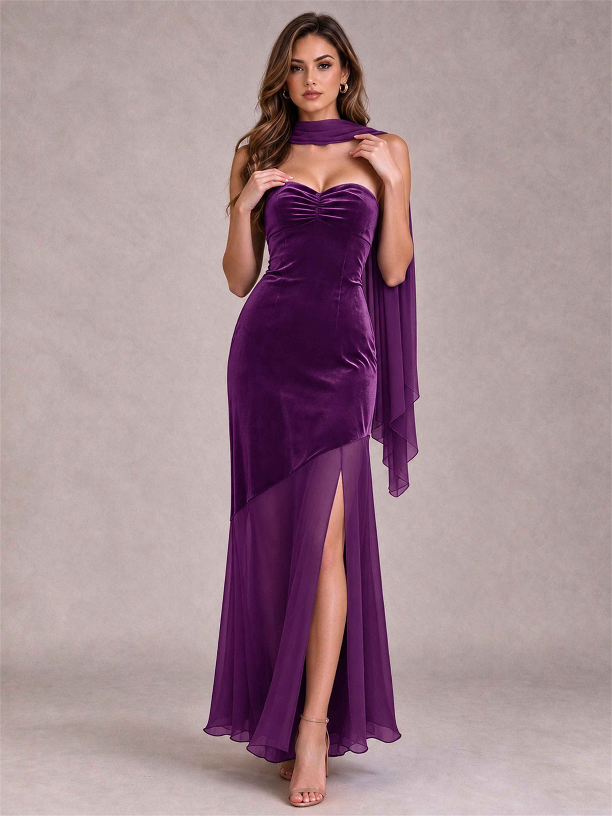 Elegant Strapless Mermaid Velvet Floor-Length Wedding Guest Dress with Scarf and Split Side