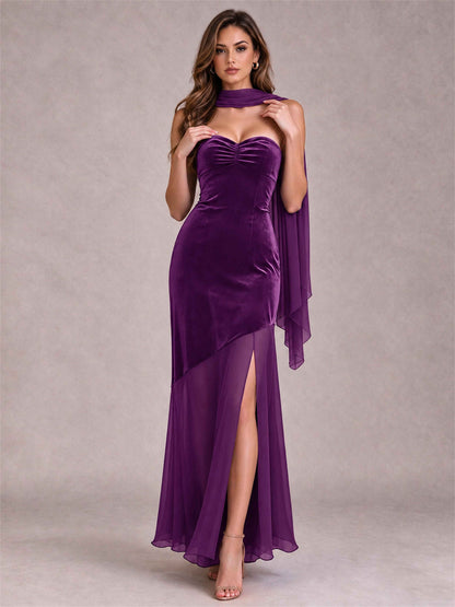 Elegant Strapless Mermaid Velvet Floor-Length Wedding Guest Dress with Scarf and Split Side