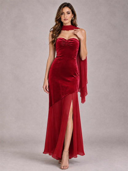 Elegant Strapless Mermaid Velvet Floor-Length Wedding Guest Dress with Scarf and Split Side