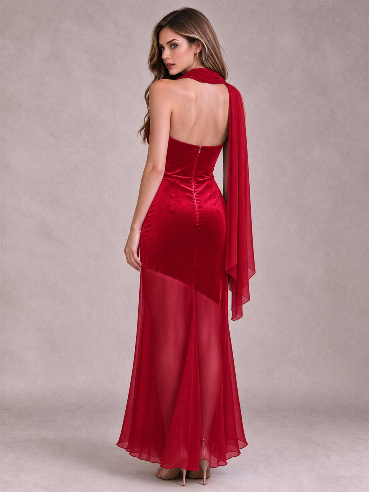 Elegant Strapless Mermaid Velvet Floor-Length Wedding Guest Dress with Scarf and Split Side