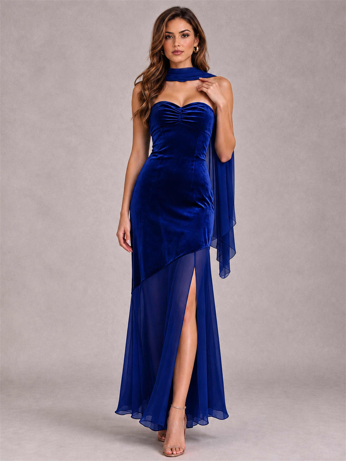 Elegant Strapless Mermaid Velvet Floor-Length Wedding Guest Dress with Scarf and Split Side