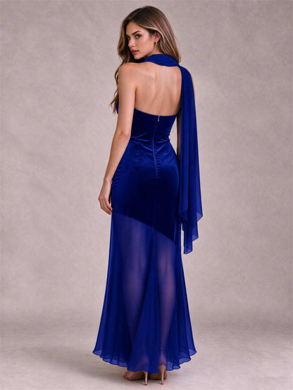 Elegant Strapless Mermaid Velvet Floor-Length Wedding Guest Dress with Scarf and Split Side