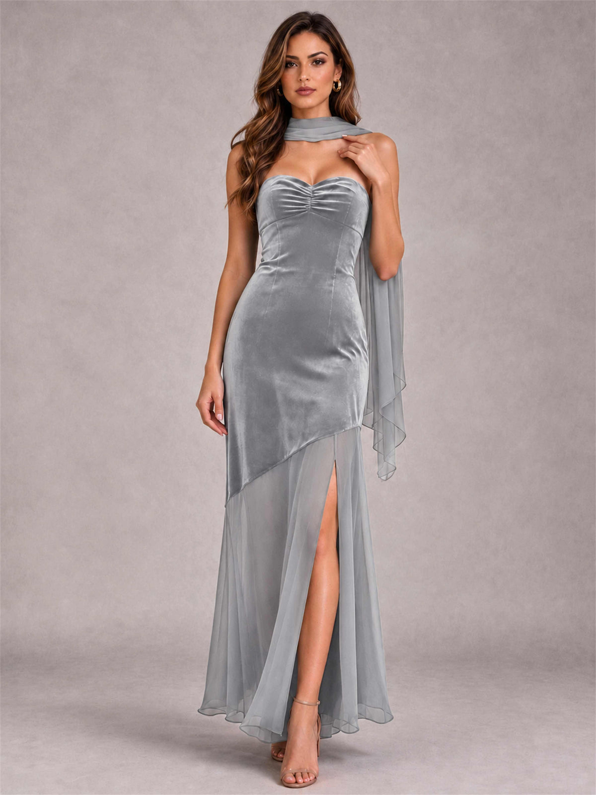 Elegant Strapless Mermaid Velvet Floor-Length Wedding Guest Dress with Scarf and Split Side